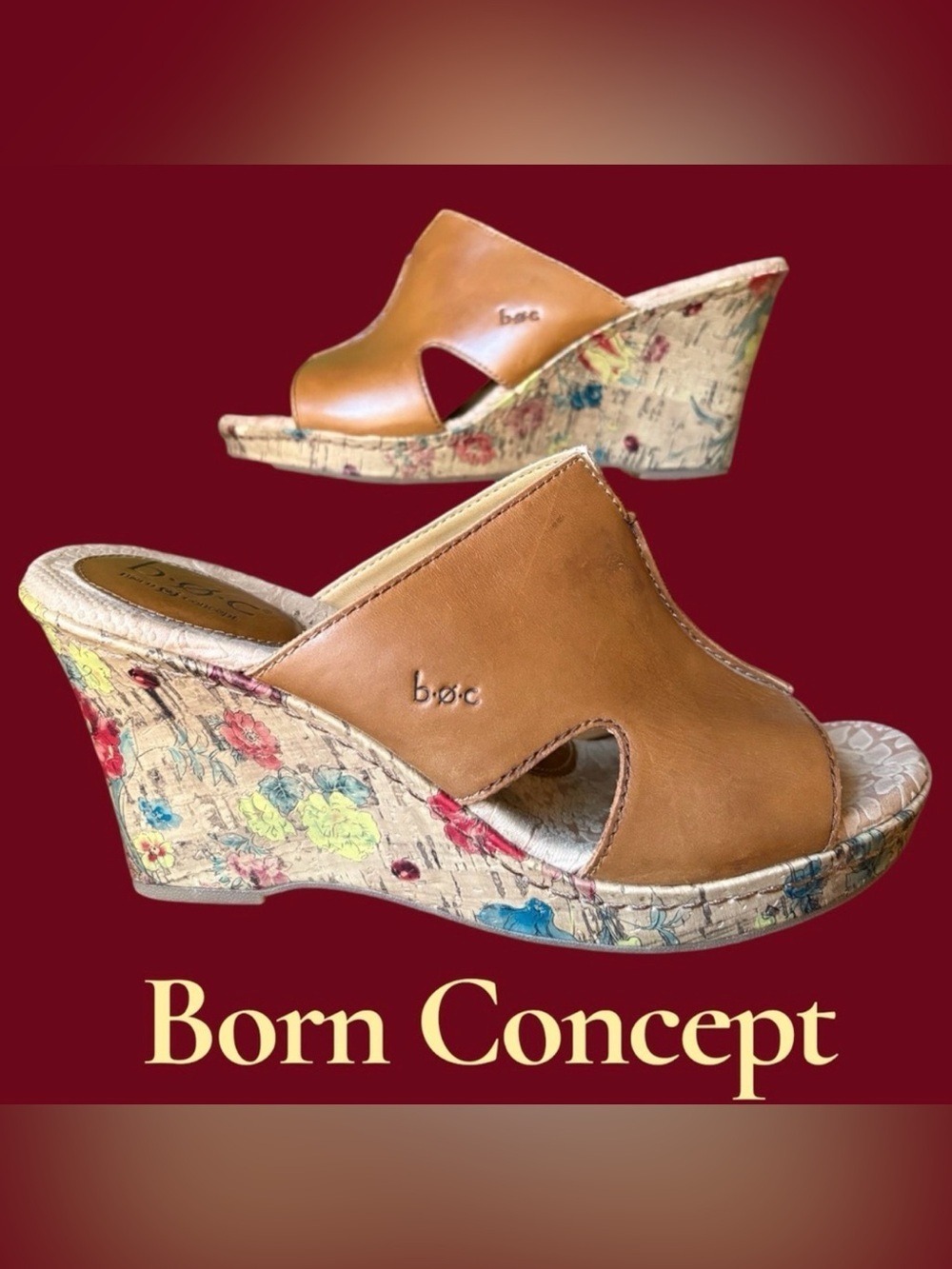 Born Concept Brown leather Bohemian Floral Wedge Sandals. Size 10 Good preowned!